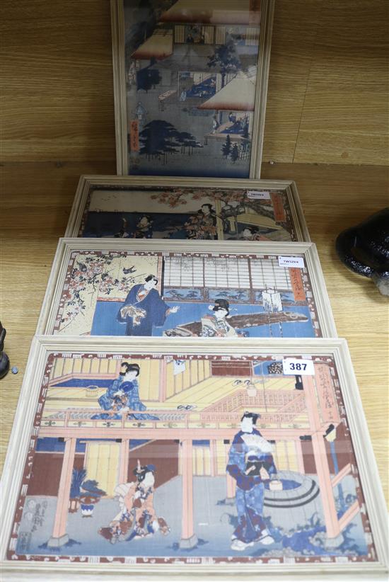 Four Japanese woodblock prints, largest 9.5 x 14in.